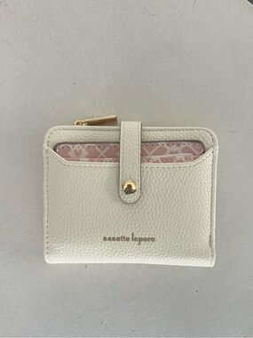 Nanette Lepore Cream Leather Zip Card Wallet with Pink Card Case